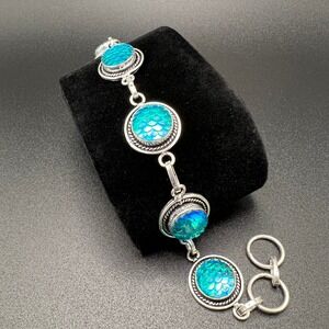 Mermaid Scale Bracelet Blue Iridescent 925 Silver Resin 7"-8" Whimsical Toggle